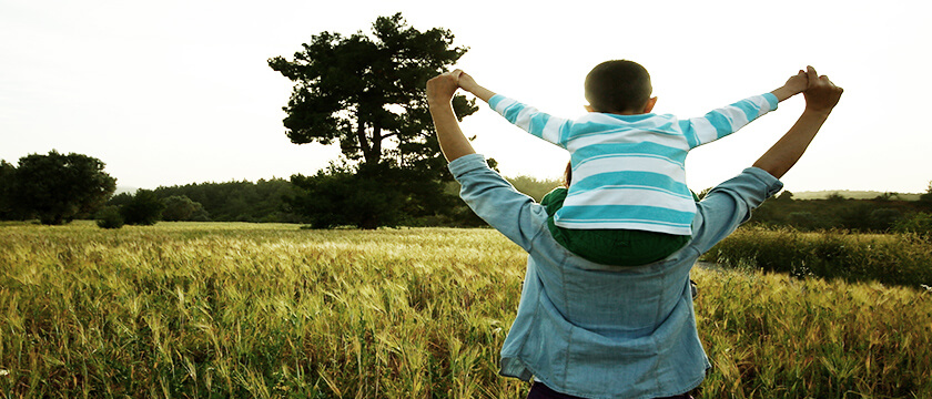 Son on Dad's Shoulders, Overlooking a Field